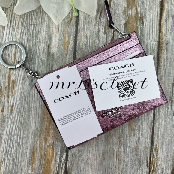 Coach Mini Skinny Id Case In Signature Canvas & Pink Metallic WalletBag Purse - Picture 5 of 7